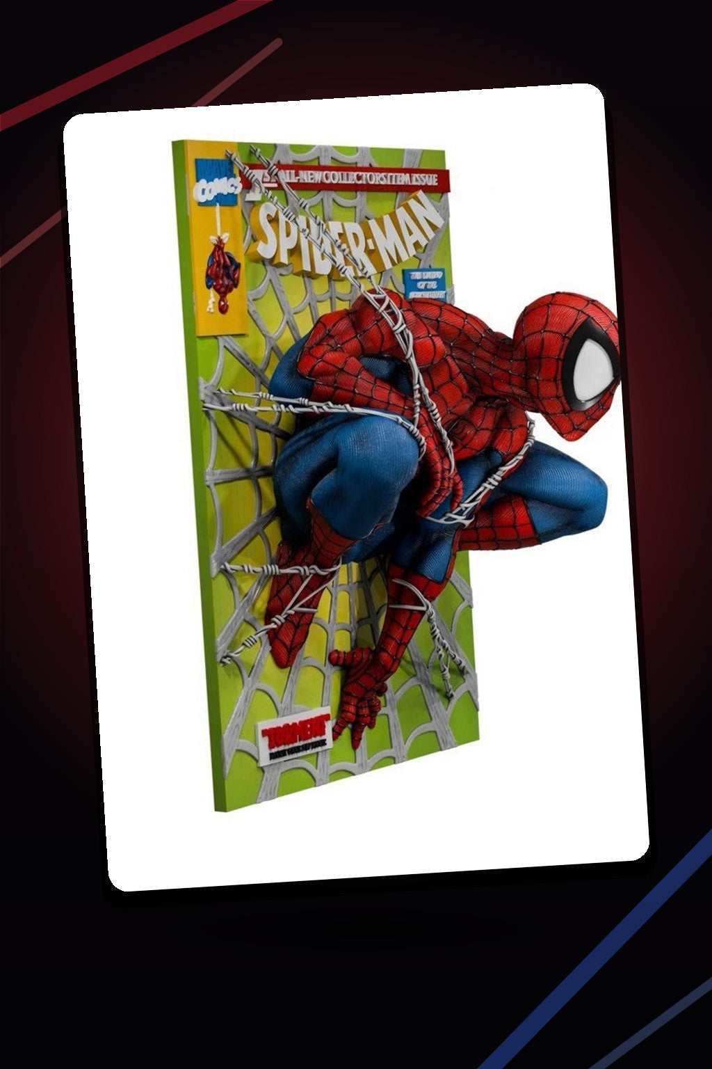 Spider-Man Torment 3D comic book cover wall art with dramatic neon studio lighting