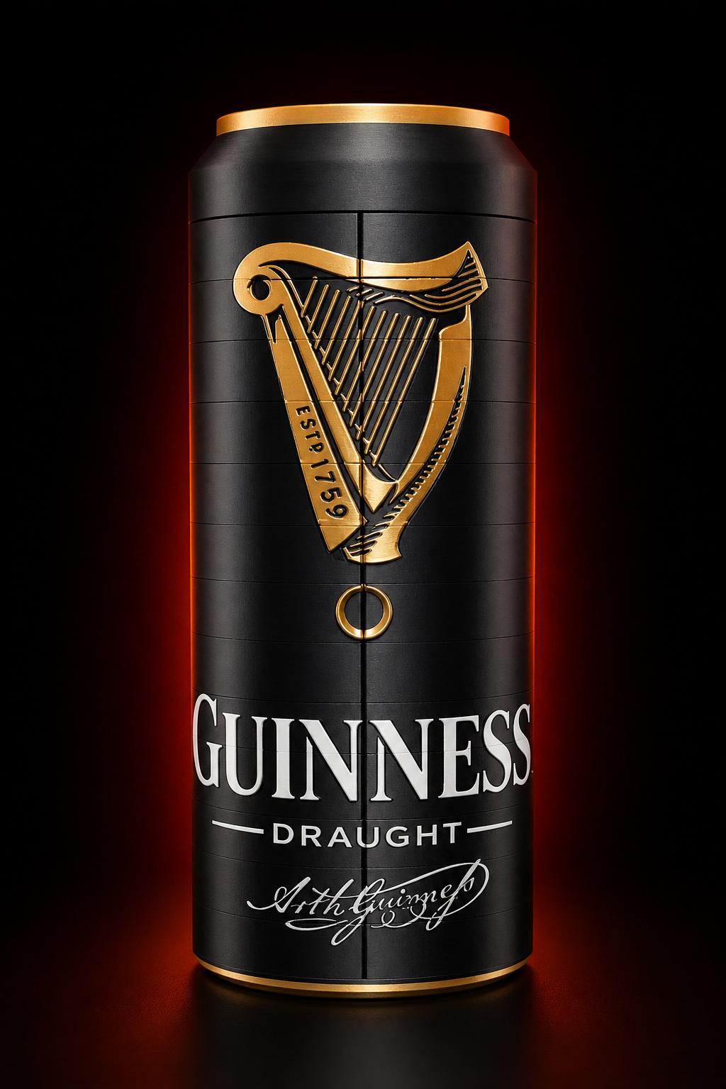 Caja expositora Guinness Draught sobre fondo negro con brillo dorado