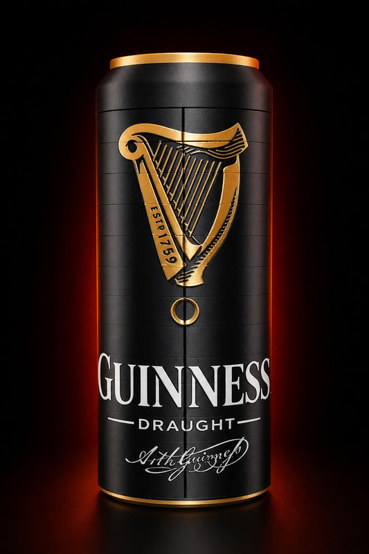 Caja expositora Guinness Draught sobre fondo negro con brillo dorado