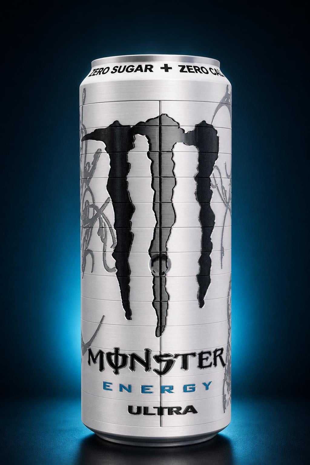 Caja expositora Monster Energy Ultra sobre fondo azul neón