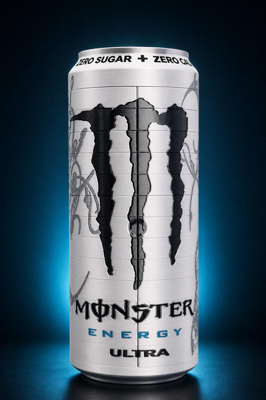 Caja expositora Monster Energy Ultra sobre fondo azul neón