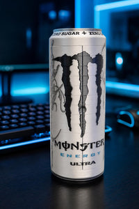 Caja expositora Monster Energy Ultra en un escritorio gamer