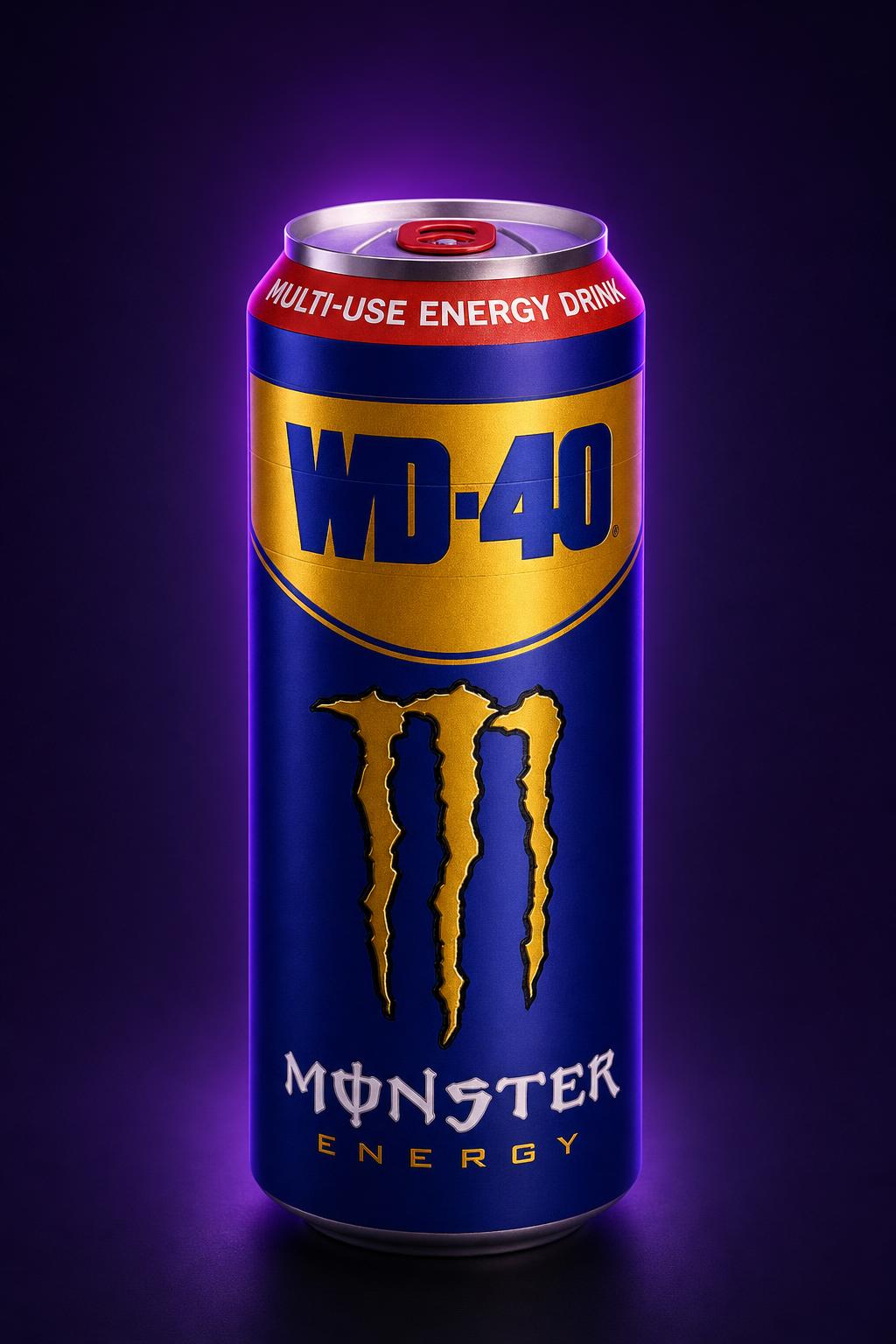 Lata gigante coleccionable WD-40 x Monster Energy sobre fondo morado neón