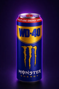 Lata gigante coleccionable WD-40 x Monster Energy sobre fondo morado neón